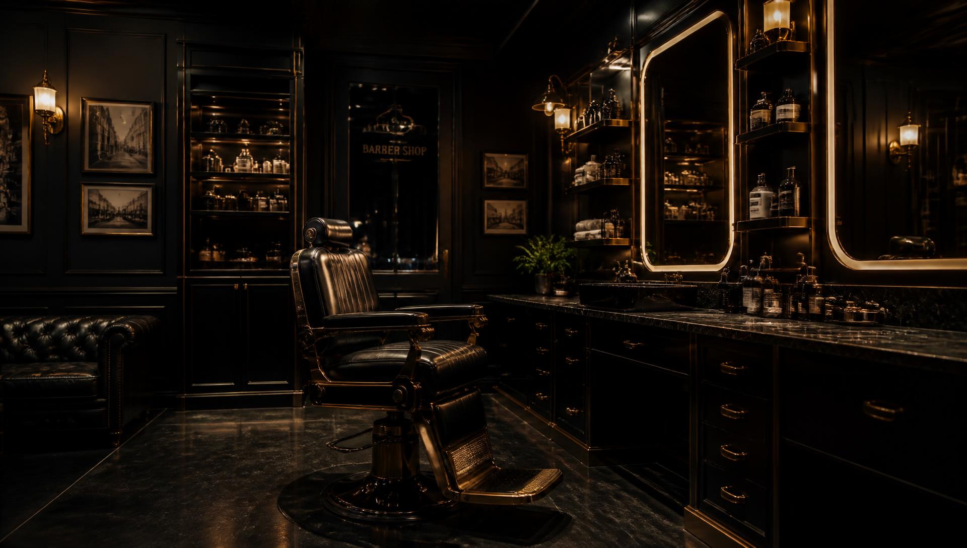Interior de barbería premium en negro y dorado